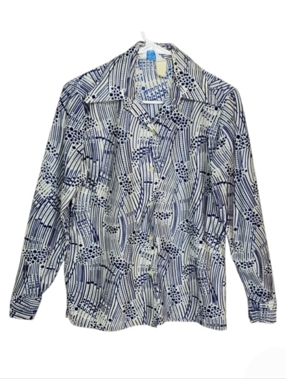 2500 * Sears Vintage 70s Abstract Print Long Sleeve Blouse Blue White Size 12